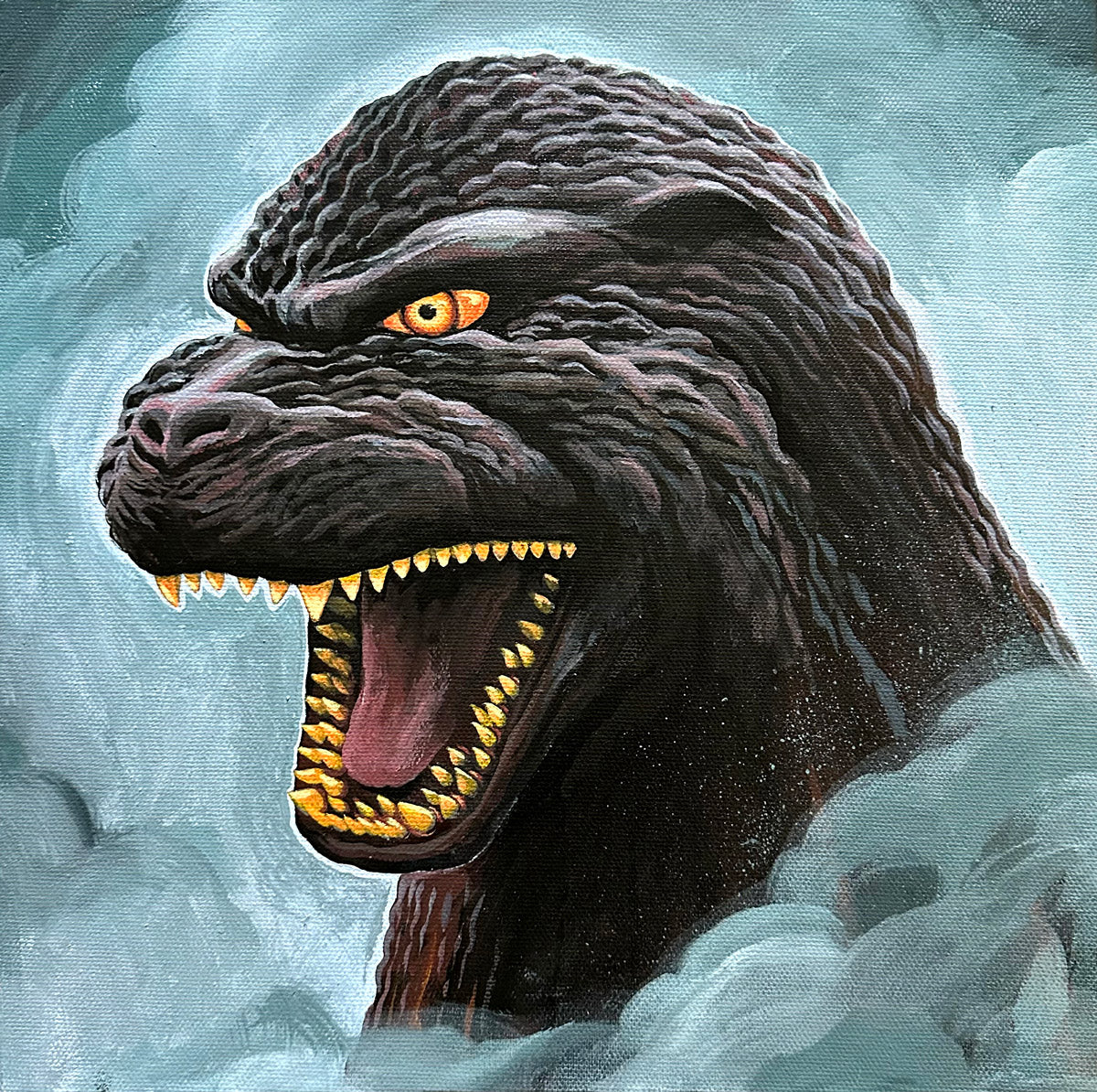 Acrylic painting of Godzilla’s head with sharp yellow teeth, glowing orange eyes, dark scales, and blue-gray misty clouds. This fierce Godzilla artwork celebrates Spoke Art’s 15th Anniversary. Brand: Spoke Art.