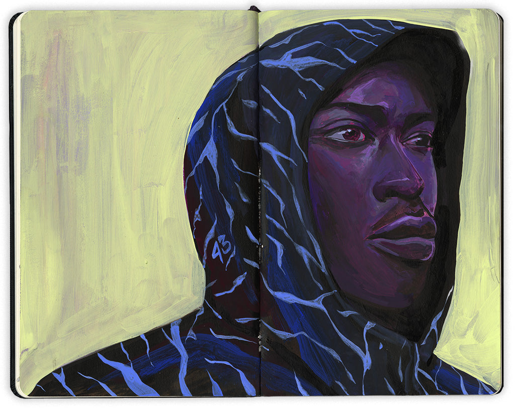 painting in an open face Moleskine notebook depicting a man wearing a patterned hooded jacket against a yellow background by artist Bags43