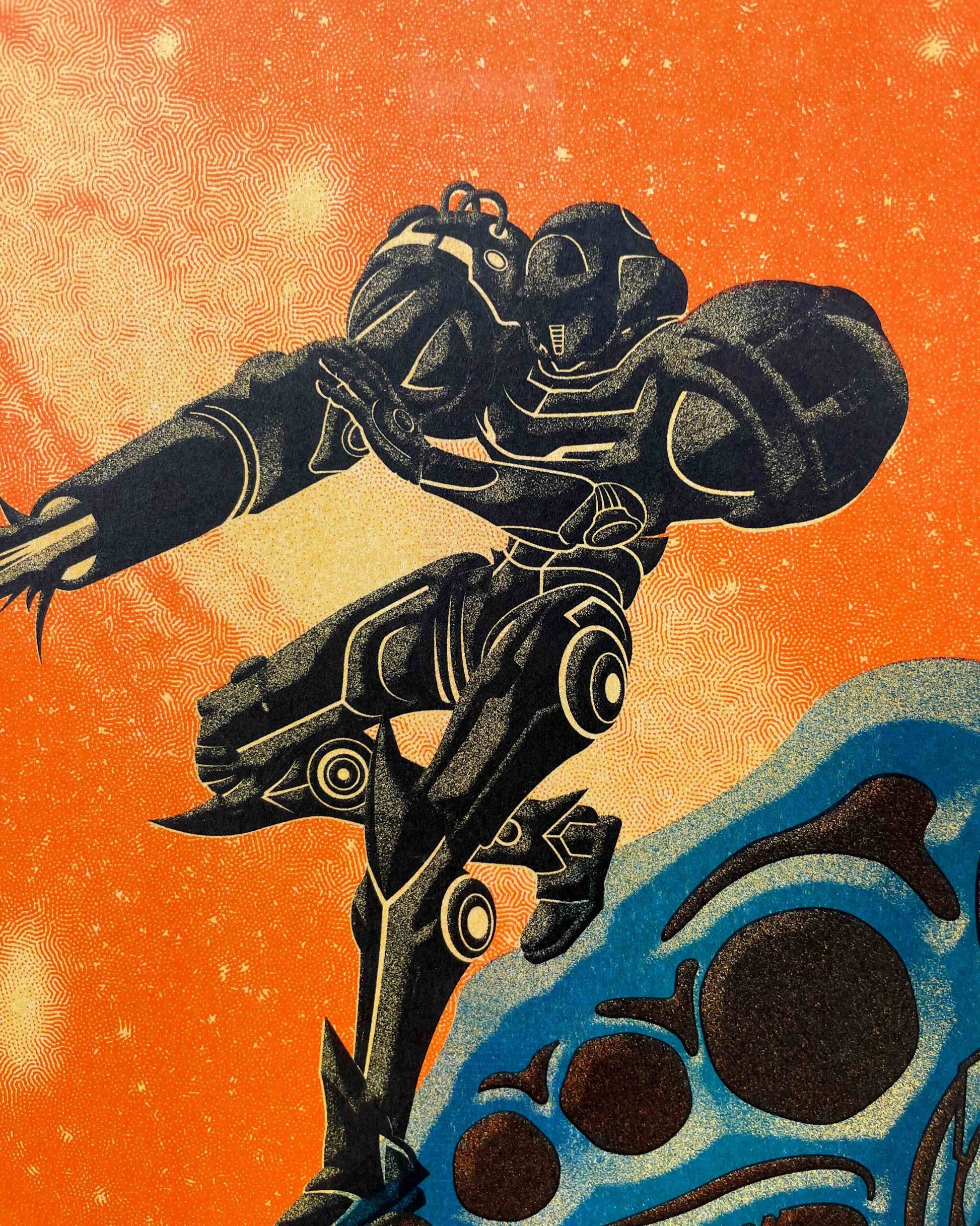 A futuristic armored figure inspired by Metroid stands dynamically against an orange, star-filled backdrop with blue and black abstract shapes—evoking Risograph style in this Derek Ballard design.