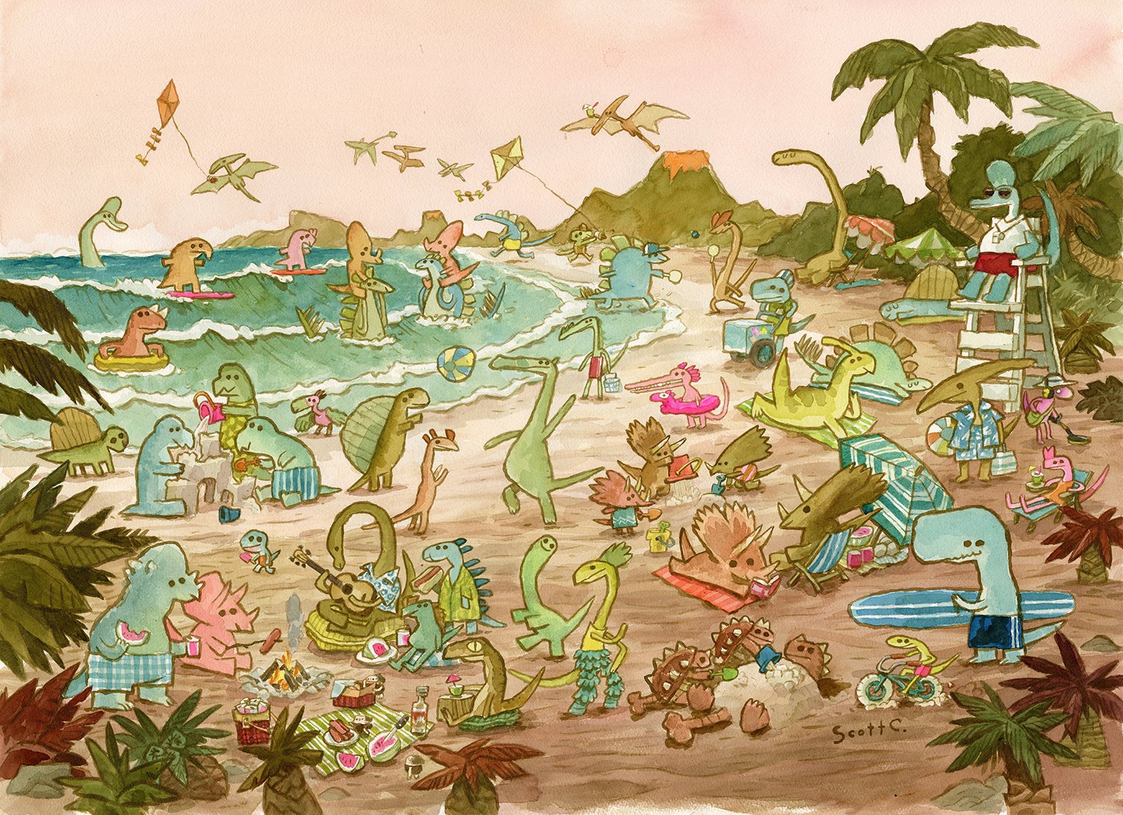 Cartoon dinosaurs enjoy swimming, surfing, and relaxing under palm trees in this lively Dinosaur Beach scene. Featuring watercolor on paper art with mountains and waves, its inspired by artist Scott C.