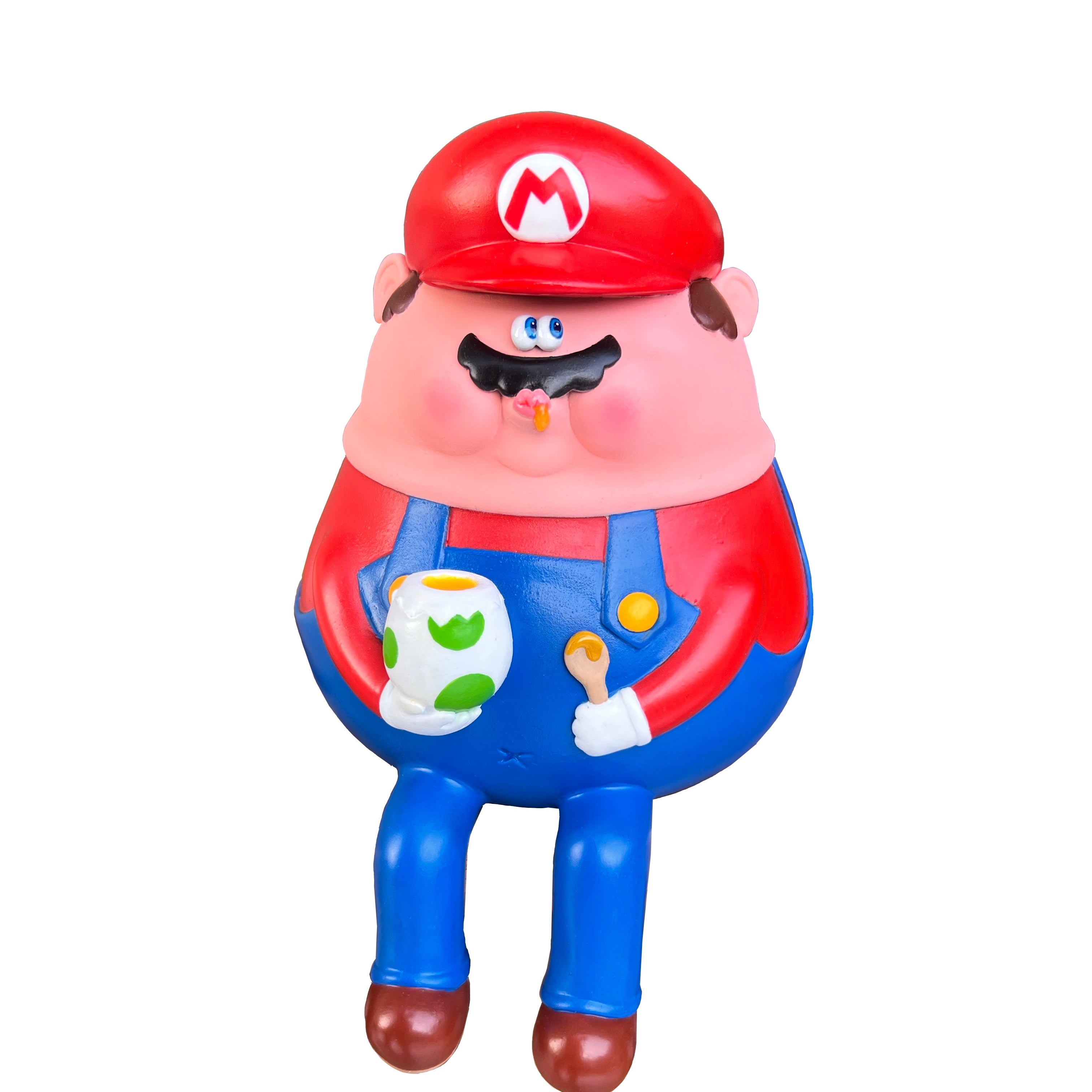 A Sad Salesman epoxy clay figure of a cartoonish plumber in red hat and blue overalls, with a mustache and pink skin, holding a green and white spotted egg and spoon—a playful nod to Super Mario Bros art, isolated on white.