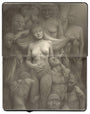 open face Moleskine notebook with a graphite drawing of a nude woman with long hair standing amongst multiple nude figures by artist Jeremy Enecio