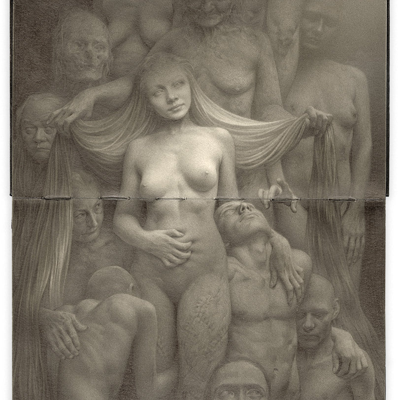 open face Moleskine notebook with a graphite drawing of a nude woman with long hair standing amongst multiple nude figures by artist Jeremy Enecio