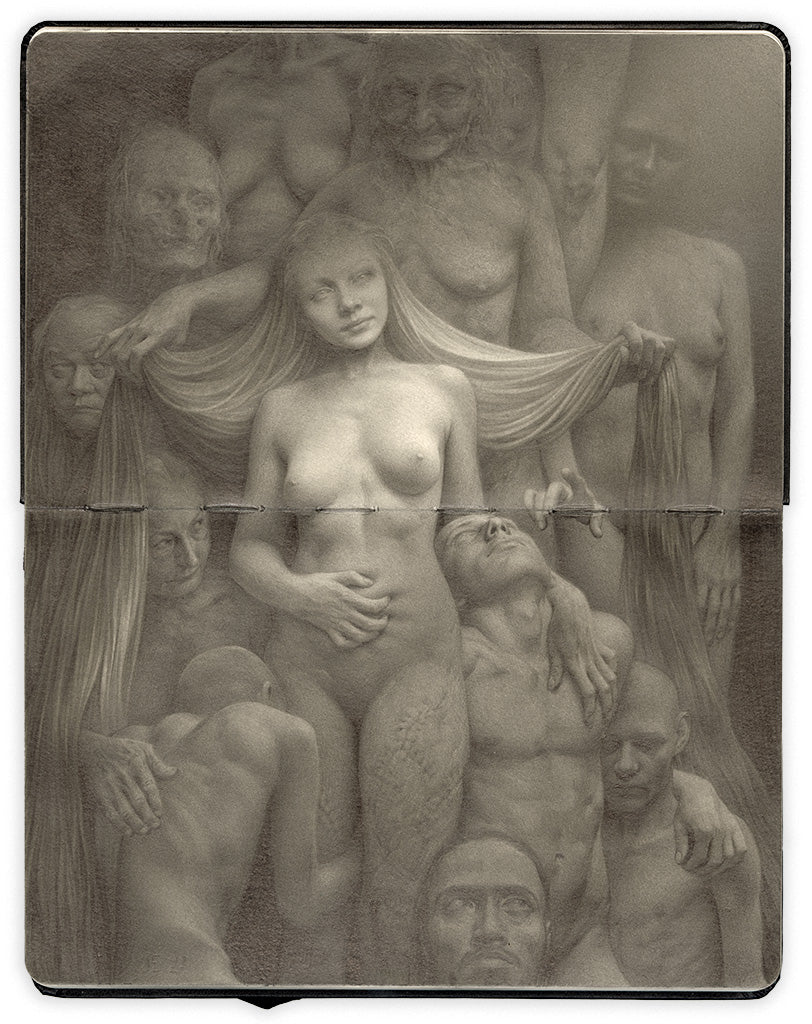 open face Moleskine notebook with a graphite drawing of a nude woman with long hair standing amongst multiple nude figures by artist Jeremy Enecio