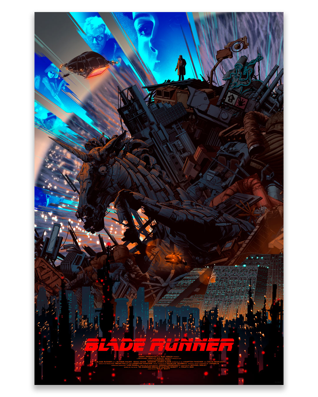 Sure! Here’s the rewritten sentence using the provided product data: This Kevin Tong screen print poster features a neon-lit city, a massive mechanical horse, flying cars, silhouetted figures, and blue-tinted faces above, with "Blade Runner" displayed in bold red at the bottom.