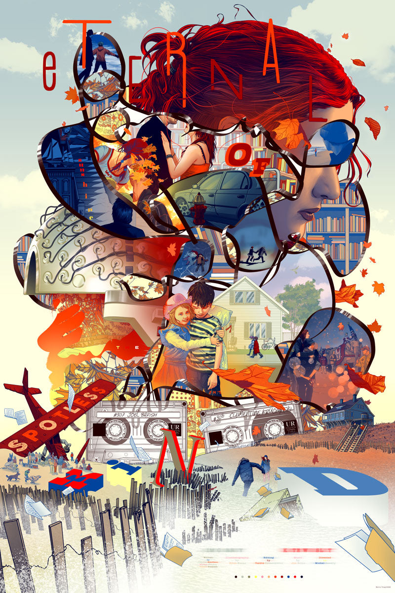 Collage-style artwork with abstract shapes and images, featuring the word 'Eternal' and various elements like cars, people, and buildings.