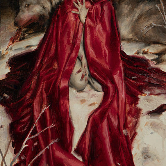 A woman in a red cloak sits on snow, blood on her hands and legs. A large wolf with a red-stained mouth lies behind her. Inspired by Karla Ortiz and released by Spoke Art, this dramatic, mysterious scene echoes an eerie oil painting.