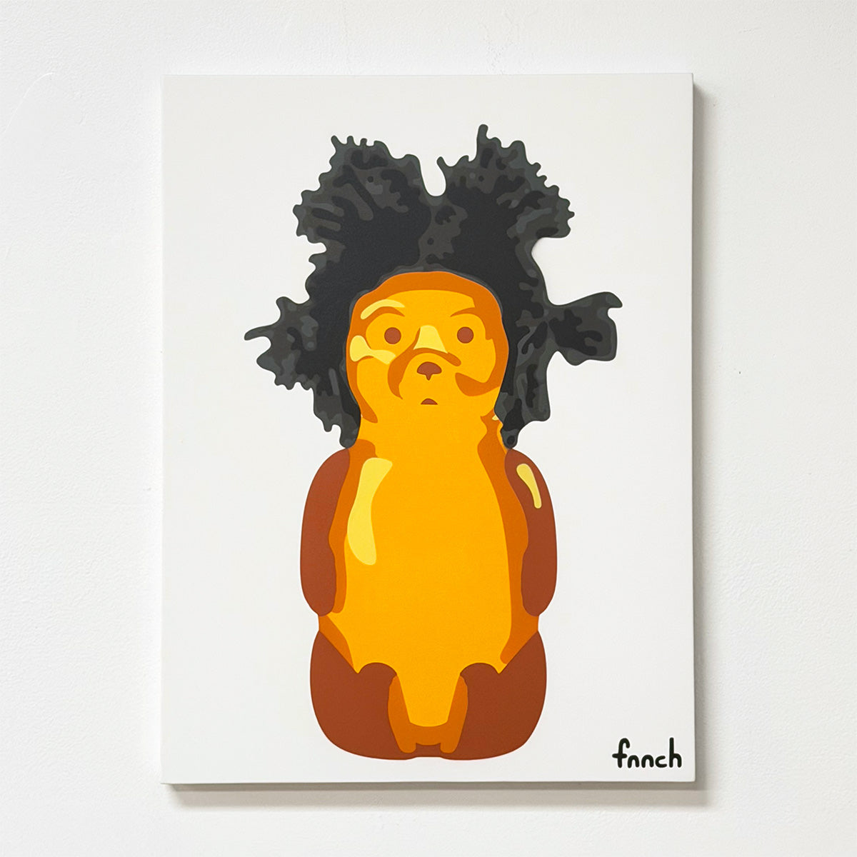 A bold spray paint on canvas artwork from Spoke Art, featuring a honey bear bottle with wild black hair inspired by The Crying Boy. Rich yellow, orange, and brown tones define this signed fnnch "Basquiat Bear.