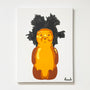 A bold spray paint on canvas artwork from Spoke Art, featuring a honey bear bottle with wild black hair inspired by The Crying Boy. Rich yellow, orange, and brown tones define this signed fnnch "Basquiat Bear.