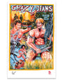 A vibrant Deadly Prey digital print poster titled Crazy Jeans showcases muscular men with guns, a skeleton, an explosion, and a bikini-clad woman in dramatic poses for an intense, action-packed vibe.