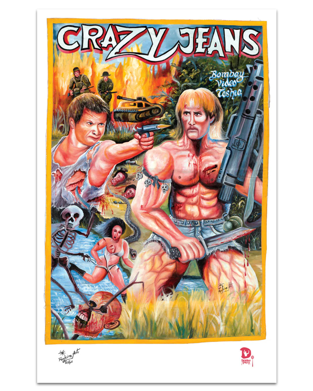 A vibrant Deadly Prey digital print poster titled Crazy Jeans showcases muscular men with guns, a skeleton, an explosion, and a bikini-clad woman in dramatic poses for an intense, action-packed vibe.