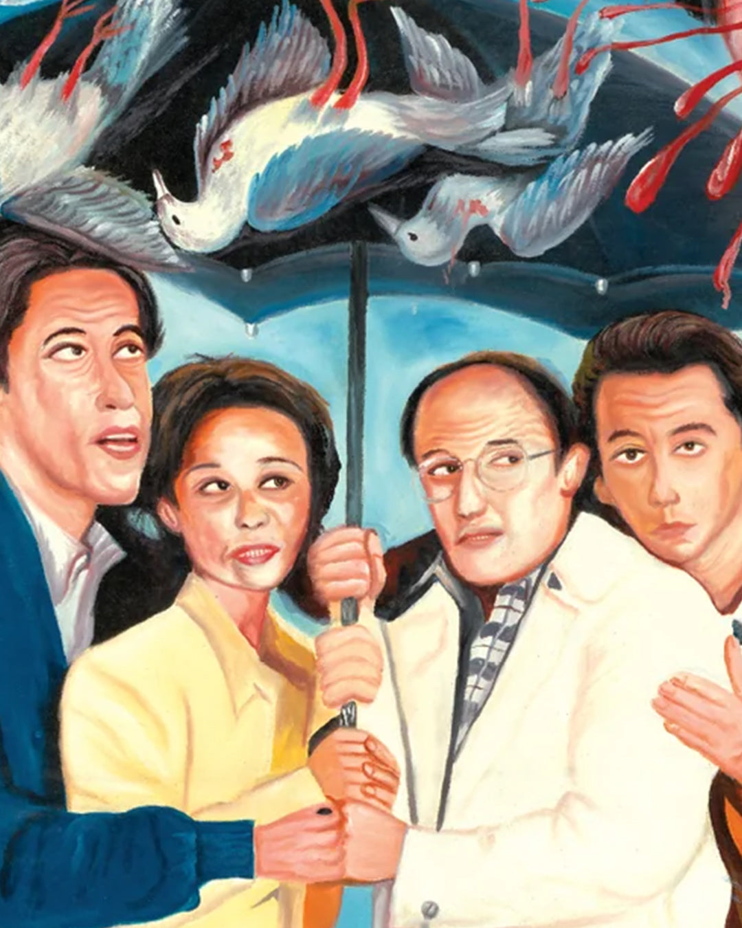 Four people stand close together under a black umbrella, looking up with concern as white birds—some marked with red—fly above. The soft blue background adds depth to this Deadly Prey art print.