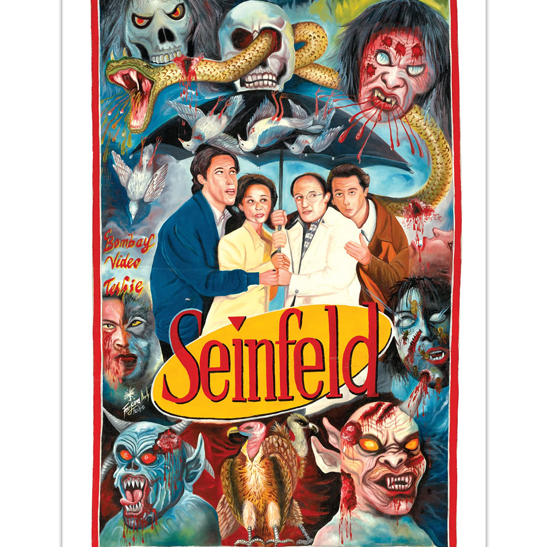A Deadly Prey 14" x 22" Seinfeld digital print depicts the main cast smiling amid vivid zombie and monster faces, with blood, sharp teeth, and snakes swirling around the bold yellow Seinfeld logo in Farkira art style.