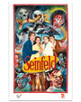 A Deadly Prey 14" x 22" Seinfeld digital print depicts the main cast smiling amid vivid zombie and monster faces, with blood, sharp teeth, and snakes swirling around the bold yellow Seinfeld logo in Farkira art style.