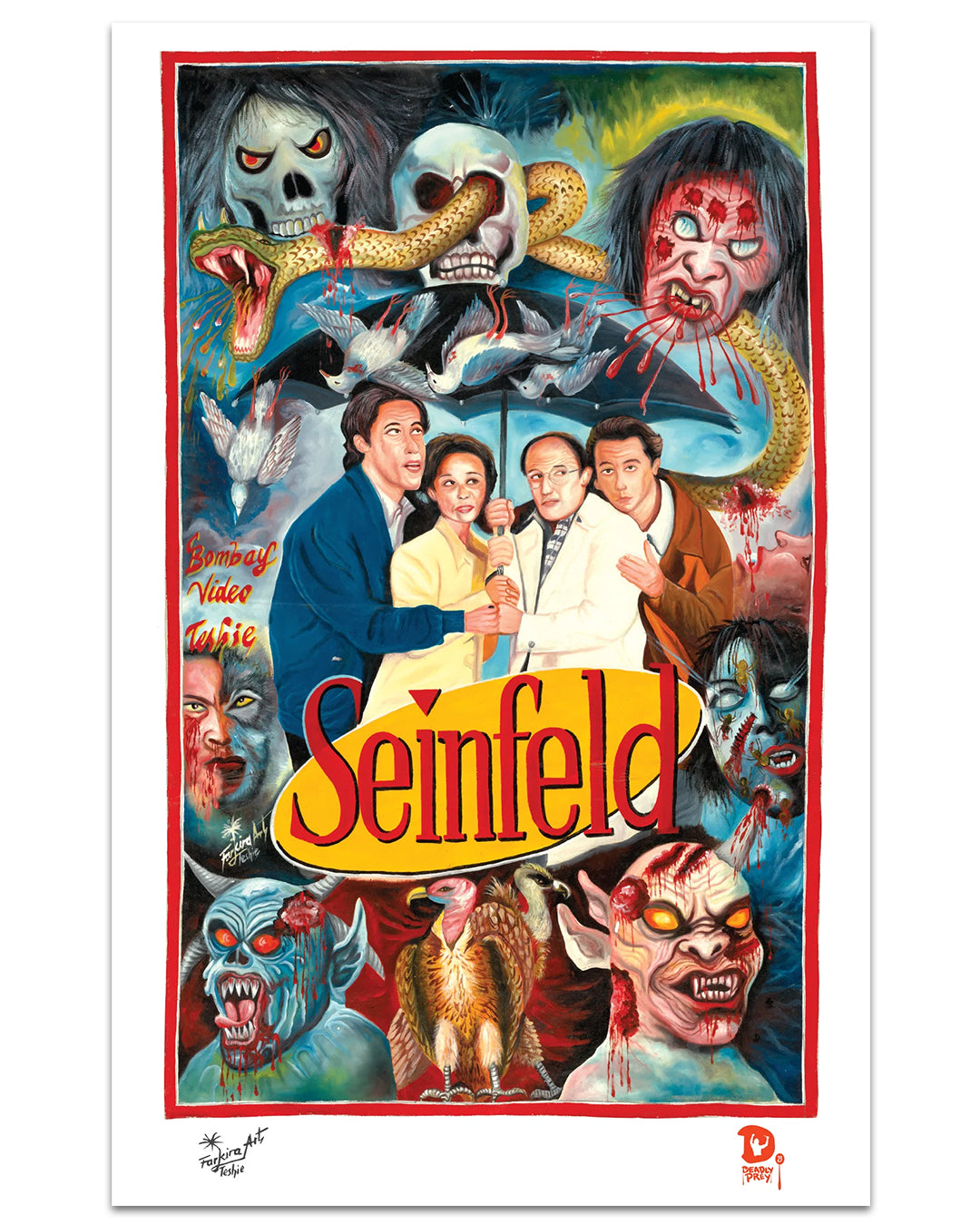 A Deadly Prey 14" x 22" Seinfeld digital print depicts the main cast smiling amid vivid zombie and monster faces, with blood, sharp teeth, and snakes swirling around the bold yellow Seinfeld logo in Farkira art style.