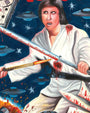 A person in a white martial arts outfit wields a bloody sword in space, surrounded by UFOs. Bearing fresh wounds, they channel fierce Star Wars energy—featured in this striking Deadly Prey Farkira digital print.