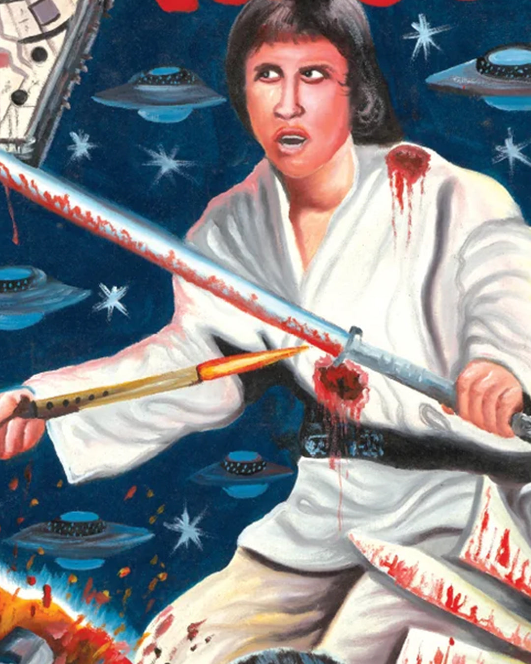 A person in a white martial arts outfit wields a bloody sword in space, surrounded by UFOs. Bearing fresh wounds, they channel fierce Star Wars energy—featured in this striking Deadly Prey Farkira digital print.