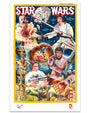 A Deadly Prey digital print Star Wars parody poster features classic characters in gory, exaggerated horror style—blood, severed limbs, intense expressions—framed by a yellow border, with the Millennium Falcon flying overhead.