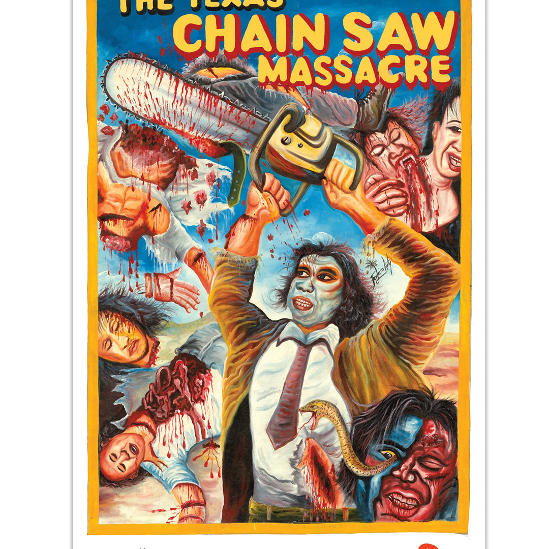 Deadly Prey's illustrated digital print poster for The Texas Chainsaw Massacre features a masked figure with a bloody chainsaw, terrified victims, and the bold title in yellow and red at the top.