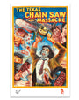 Deadly Prey's illustrated digital print poster for The Texas Chainsaw Massacre features a masked figure with a bloody chainsaw, terrified victims, and the bold title in yellow and red at the top.