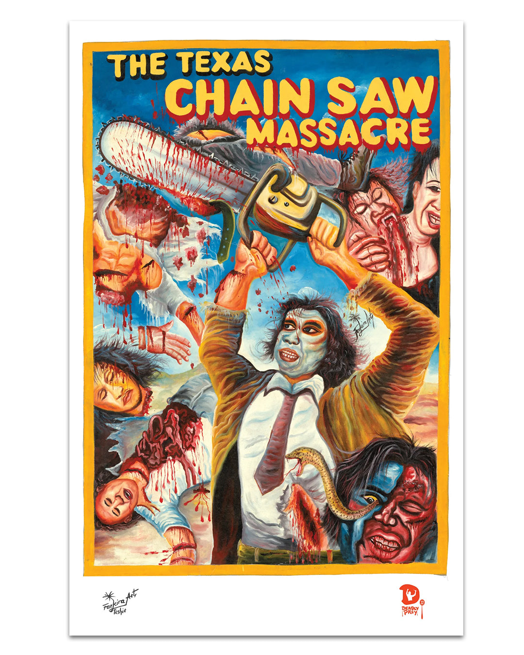 Deadly Prey's illustrated digital print poster for The Texas Chainsaw Massacre features a masked figure with a bloody chainsaw, terrified victims, and the bold title in yellow and red at the top.