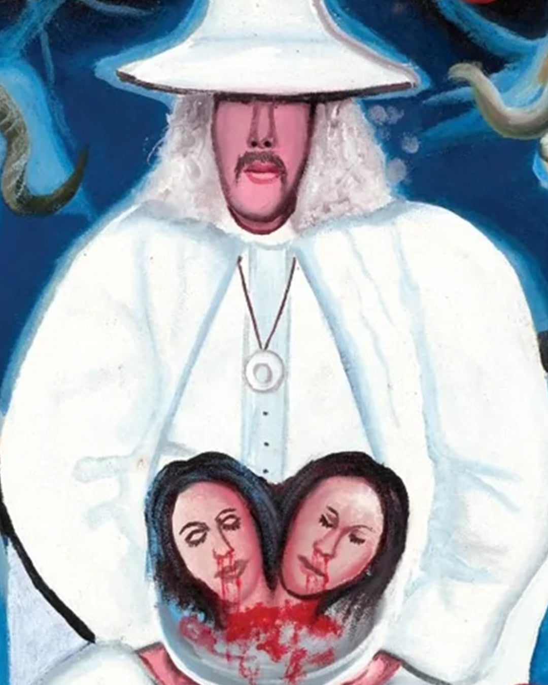 A person in a white hat and robe holds a bowl with two severed, bloody heads against a dark blue background, inspired by The Holy Mountain. A striking Deadly Prey art print or digital print for collectors.