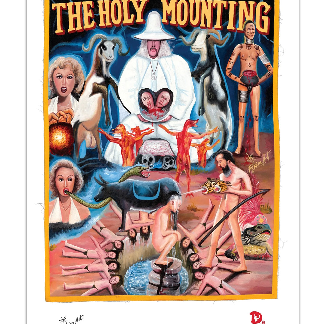 Deadly Prey presents a vivid digital print: "The Holy Mounting," a colorful, surreal painting inspired by The Holy Mountain, with a white-robed figure, goats, and nude or partially clothed figures in bizarre ritual poses.