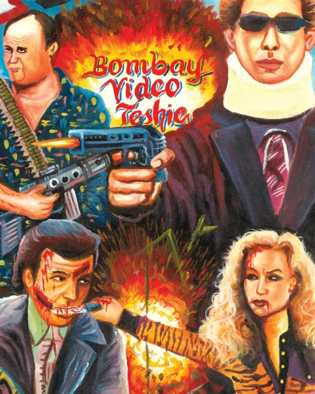 A vibrant retro-style digital action movie poster by Deadly Prey features armed characters, a dramatic fiery background, and "Bombay Video Feshe" in bold letters. One man sports sunglasses and a neck brace; another shows a bloody face—true Farkira flair.