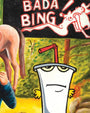 A cartoon cup with a red straw and bored expression stands before a forest, with a neon BADA BING sign above—an homage to The Sopranos. This Deadly Prey digital print is ideal for any Master Shake Edition collection.
