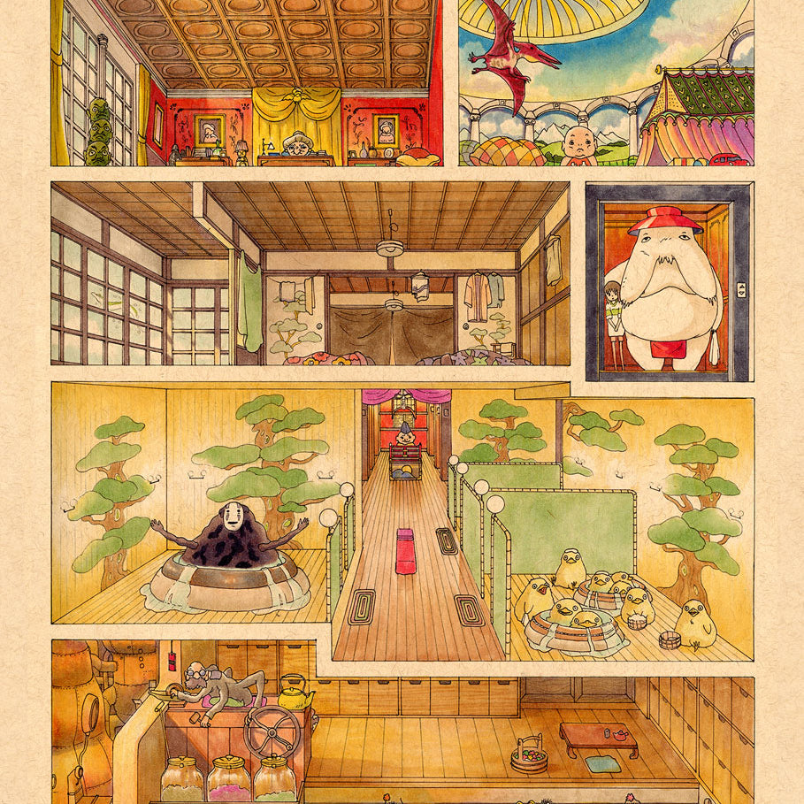 A detailed cross-section art print by Spoke Art depicts a whimsical, multi-level bathhouse inspired by Spirited Away, featuring traditional décor and beloved Studio Ghibli characters like No-Face and Totoro.