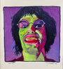 A vibrant Spoke Art portrait inspired by Frank Gonzales depicts a person with shaggy dark hair, round glasses, and big teeth. Bold green, pink, and purple hues pop against a purple background for the Spoke Art Anniversary Show.