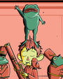 A digital print of a person playing a bassoon with a small bird on their shoulder, while a frog stands on their head and other frogs in marching band uniforms stand nearby in Frogland.