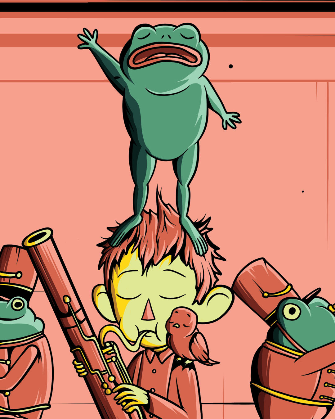A digital print of a person playing a bassoon with a small bird on their shoulder, while a frog stands on their head and other frogs in marching band uniforms stand nearby in Frogland.