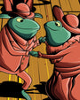 Two green frogs in vintage attire dancing while holding hands, presented as a Frogland digital print.