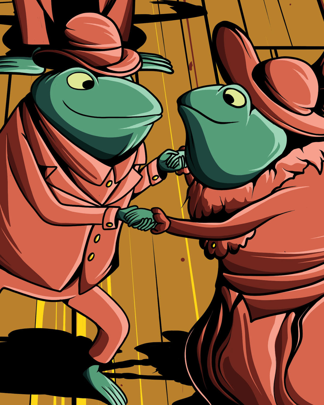 Two green frogs in vintage attire dancing while holding hands, presented as a Frogland digital print.