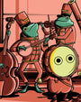 Four frogs in red marching band uniforms play a banjo, violin, upright bass, and large drum in this Frogland digital print.