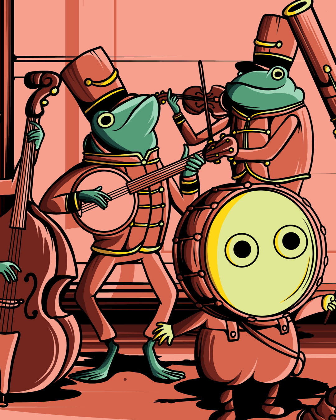 Four frogs in red marching band uniforms play a banjo, violin, upright bass, and large drum in this Frogland digital print.