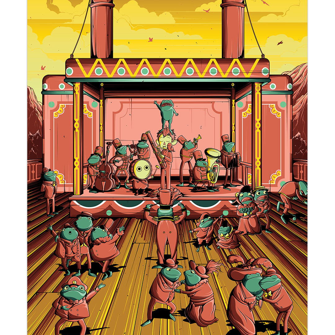 A band of frogs plays instruments on a stage while other frogs dance in the foreground of this digital print.