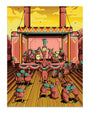 A band of frogs plays instruments on a stage while other frogs dance in the foreground of this digital print.