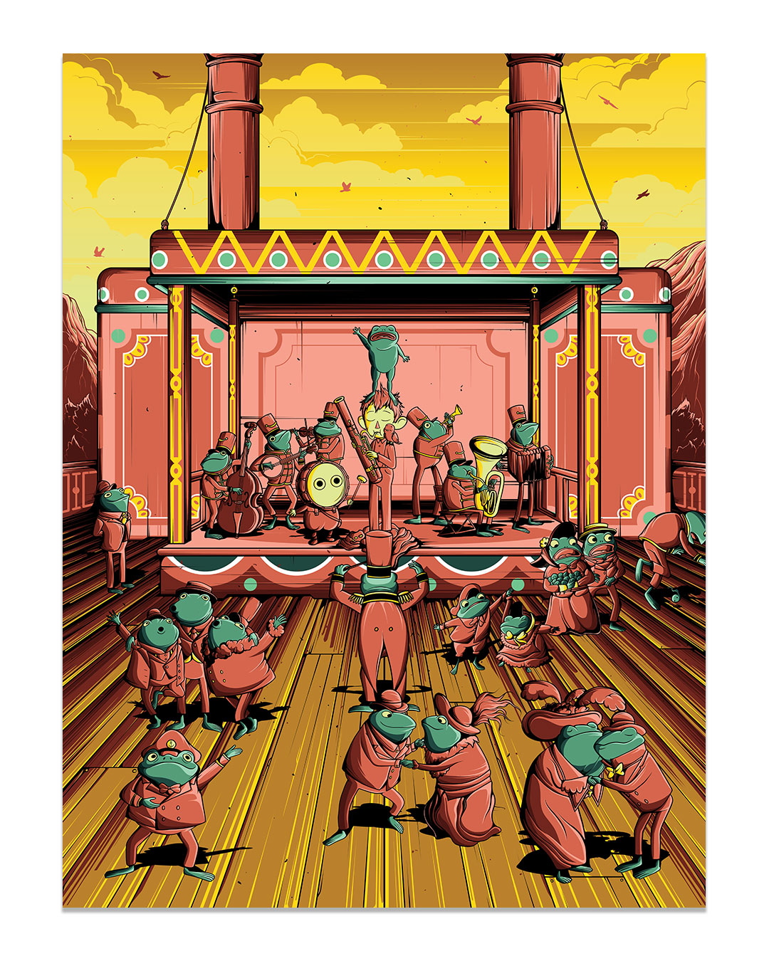 A band of frogs plays instruments on a stage while other frogs dance in the foreground of this digital print.