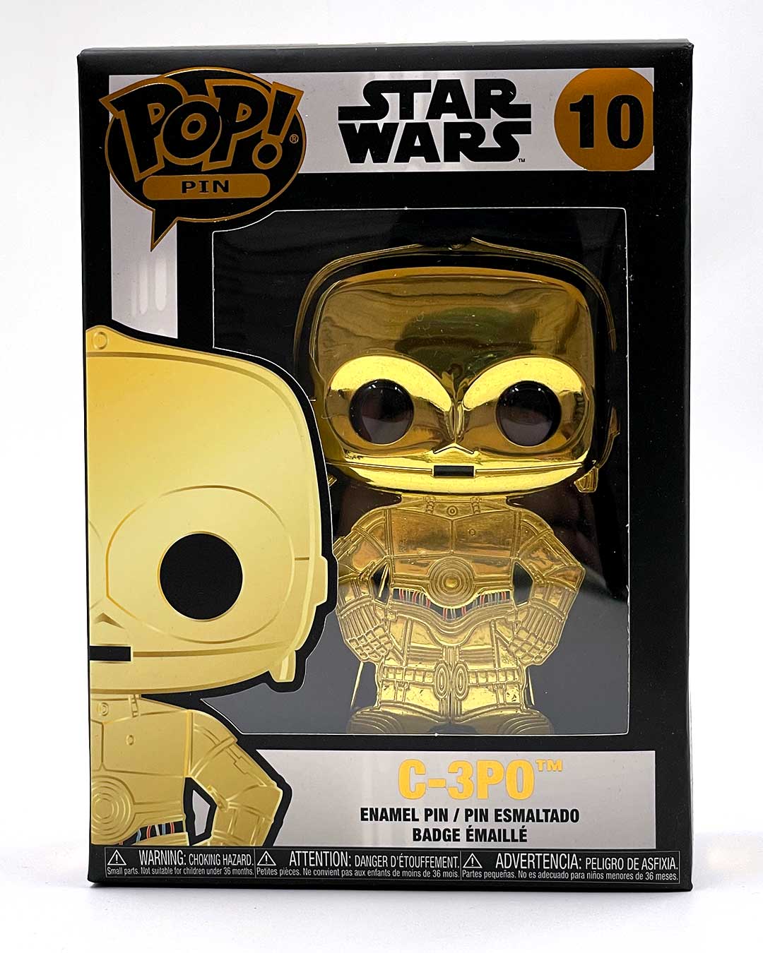 Add this unique FUNKO Star Wars C-3PO enamel pin to your collection! Featuring a gold finish and displayed in a black box with a clear window, this collectible showcases the number 10 and prominent Star Wars branding at the top. Perfect for collectors and fans of legendary characters like Jabba the Hutt, this officially licensed FUNKO item is a must-have addition to any pin collection.