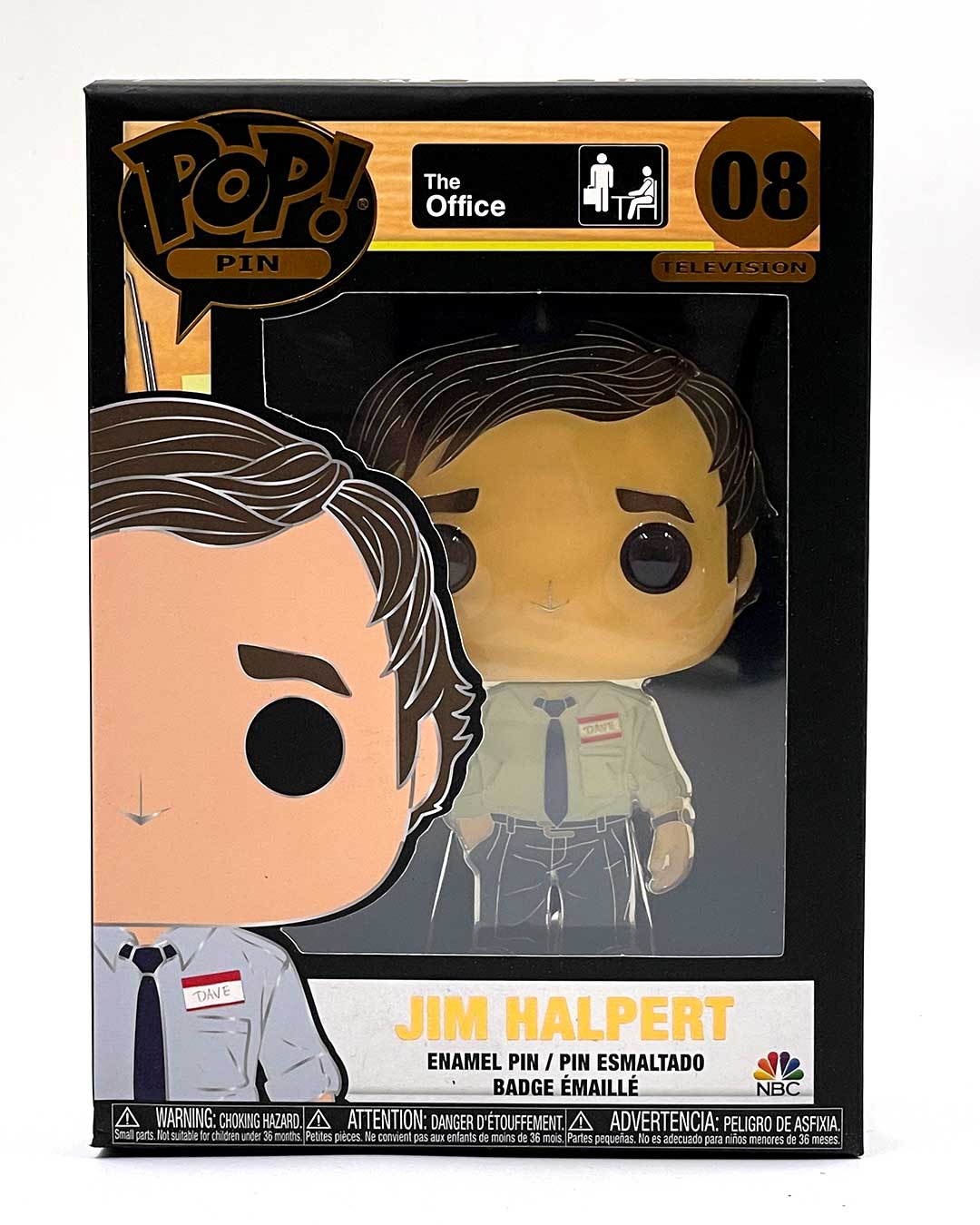 Official FUNKO Jim Halpert collectible enamel pin from The Office, boxed. This pin features Jim in his classic white shirt and tie with name tag, and the box displays his name along with series details. A must-have addition for any The Office FUNKO collection!.