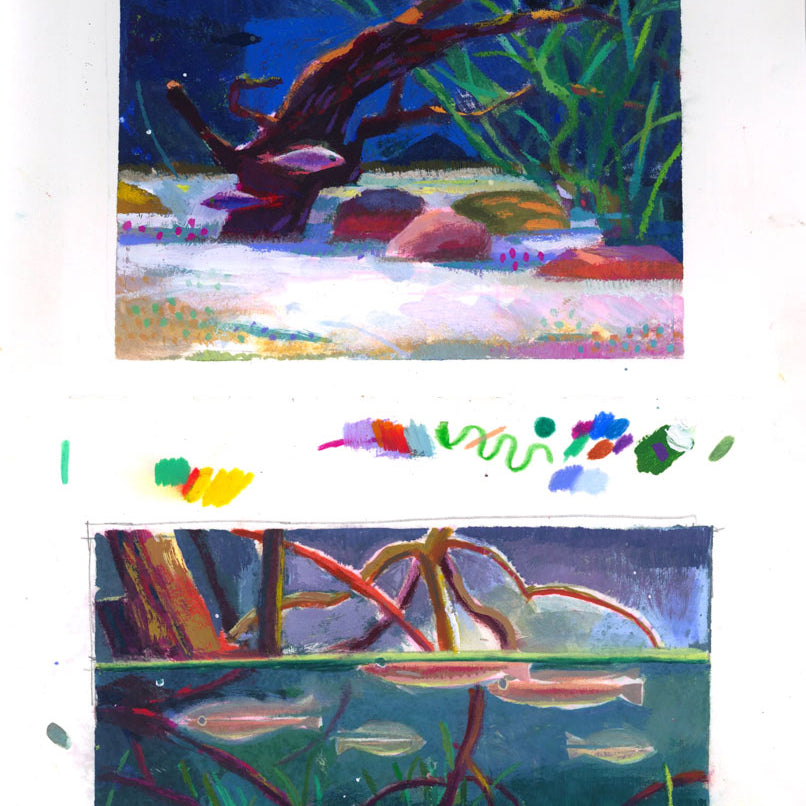 illustration on an open face Moleskine notebook depicting two different colorful aquarium scenes, with small fish swimming about by artist G Yang