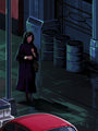 A person with curly hair and a dark coat stands on a wet street at night near metal barrels, a red car, and a lamppost, with shadows and reflections on the ground—captured in this limited edition archival pigment print by Mr. Melville that subtly channels the moody atmosphere of classic Ghostbusters scenes.