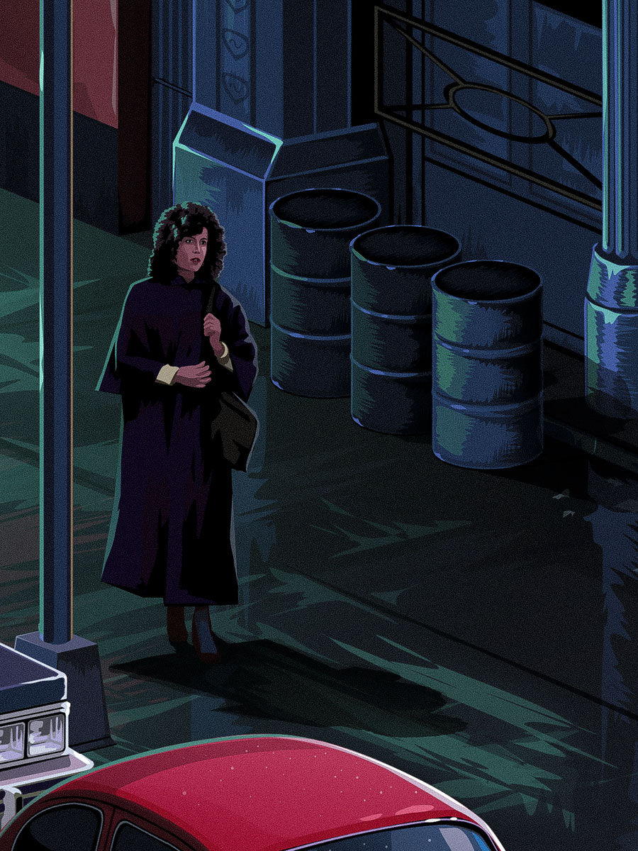 A person with curly hair and a dark coat stands on a wet street at night near metal barrels, a red car, and a lamppost, with shadows and reflections on the ground—captured in this limited edition archival pigment print by Mr. Melville that subtly channels the moody atmosphere of classic Ghostbusters scenes.