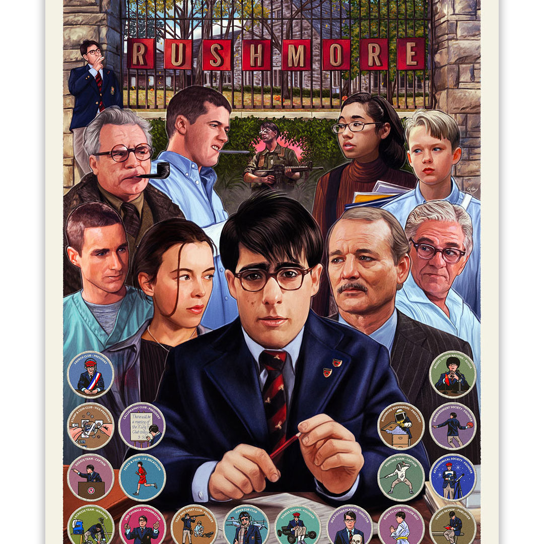 Limited edition art poster by Sam Gilbey for the film Rushmore, showcasing the central character in school uniform, surrounded by other main characters with expressive faces and detailed illustrated icons of memorable scenes and activities adorning the border. Expertly produced as an archival pigment print for exceptional and lasting quality.