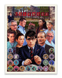 Limited edition art poster by Sam Gilbey for the film Rushmore, showcasing the central character in school uniform, surrounded by other main characters with expressive faces and detailed illustrated icons of memorable scenes and activities adorning the border. Expertly produced as an archival pigment print for exceptional and lasting quality.
