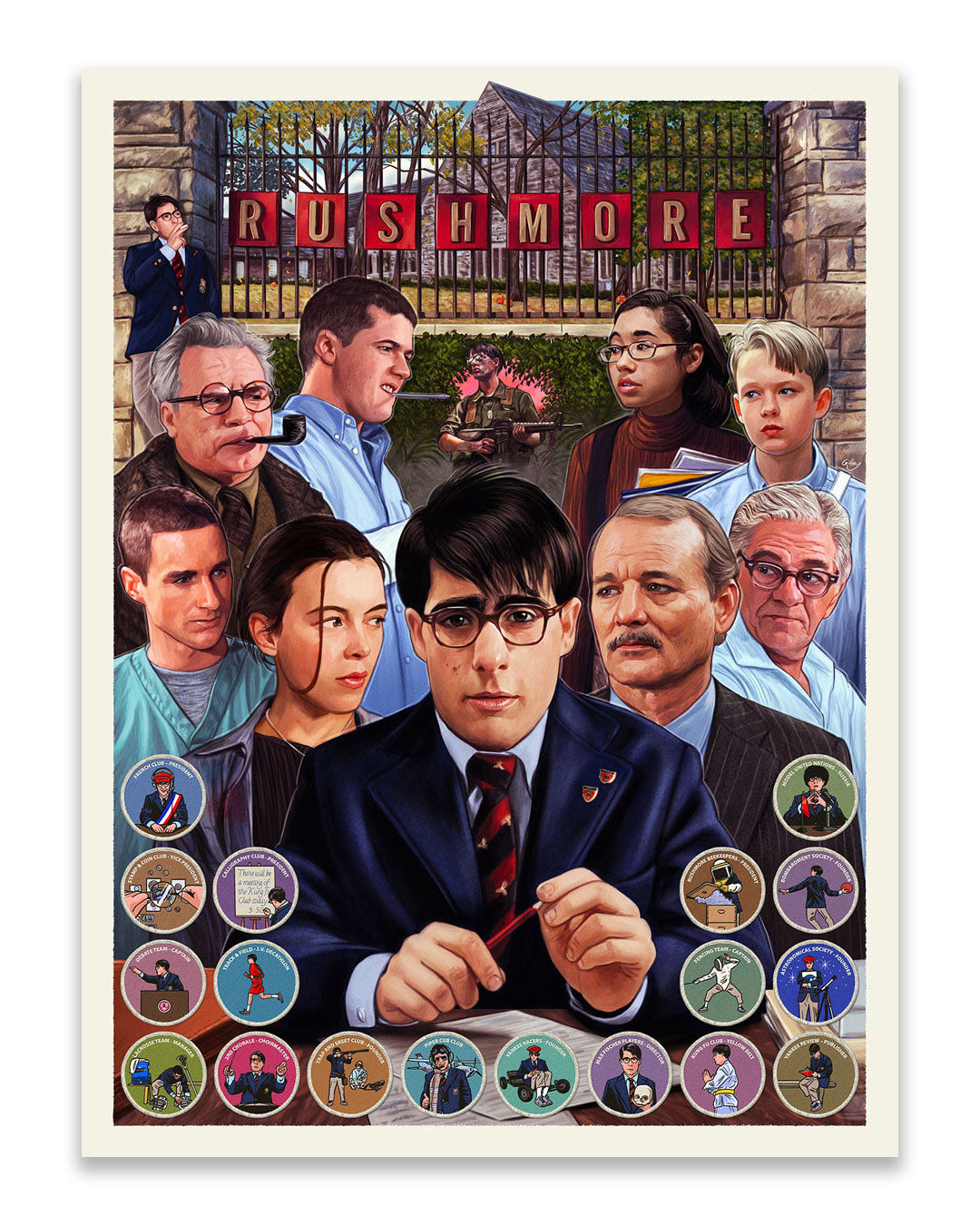 Limited edition art poster by Sam Gilbey for the film Rushmore, showcasing the central character in school uniform, surrounded by other main characters with expressive faces and detailed illustrated icons of memorable scenes and activities adorning the border. Expertly produced as an archival pigment print for exceptional and lasting quality.