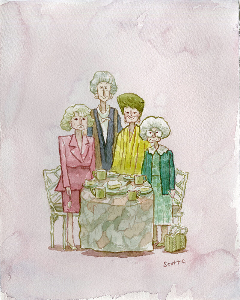 Cheesecake Chats by Scott C. is a watercolor showing four elderly women around a tea table with delicate china and a small suitcase, signed by the artist.
