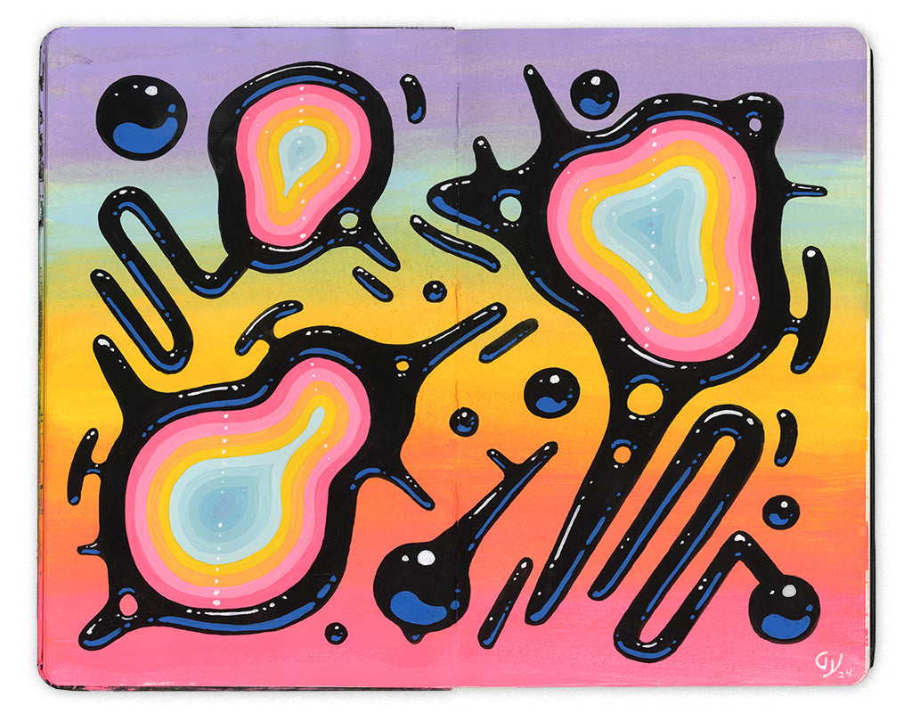 painting on an open Moleskine notebook depicting abstract organic shiny black shapes against a pastel rainbow background by artist Graham Yarrington